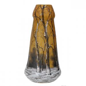 Signed Daum Nancy French cameo art glass vase, with a beautiful carved cameo and enameled winter scenic décor.