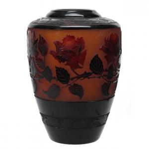 Signed D’Argental French cameo art glass vase, 11 ¾ inches tall, amber ground with a dark cranberry cameo carved overlay of rose branch design.