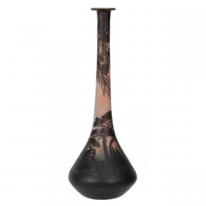 Signed Muller Fres Luneville French cameo vase, 19 ¾ inches in height, white and pink ground with dark cameo curved overlay of a beautiful mountain, tree and pinecone design.
