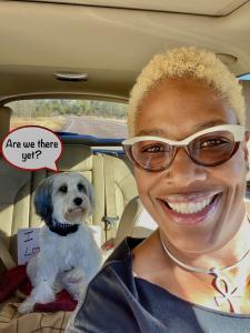Glodean and her cute dog set out on a road trip in her car. Tashi asks, "Are we there yet?"