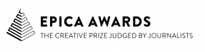 Epica Awards pyramid logo with caption stating the creative prize judged by journalists