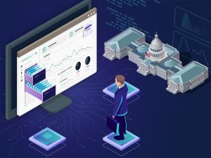 Artwork of a lobbyist viewing a lobbying data dashboard, against a purple circuit board background of the U.S. capitol building.