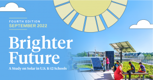 Image of the cover of the Brighter Future Report, featuring students learning under a solar school array