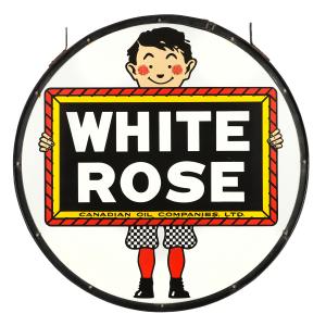 1940s Canadian White Rose Gasoline double-sided porcelain sign with iconic “Slate Boy” graphic, 4 feet diameter, marked “The W. F. Vilas Co. Ltd. Cowansville P.Q.” (CA$24,780).