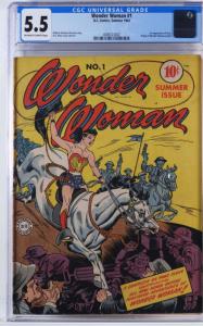 Copy of D.C. Comics Wonder Woman #1 features the first appearance of Ares and a retelling of the origin of Wonder Woman. It’s graded CGC 5.5 (est. $30,000-$50,000).