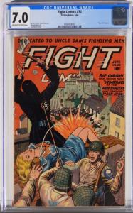 Fiction House Fight Comics #32 (June 1944), featuring a wartime bondage cover by Joe Doolin and the first Tiger Girl story line. It’s graded CGC 7.0 (est. $2,000-$4,000).