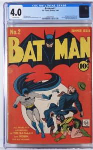 D.C. Comics Batman #2 (Summer 1940), featuring the Joker and Catwoman, plus a full-page ad for the 1940 New York World’s Fair. It’s graded CGC 4.0 (est. $3,000-$5,000).