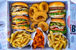 Box of Burgers, variety of burgers, fries, sweet potato fries, onion rings