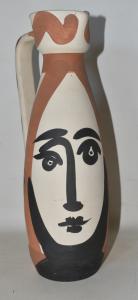 Pablo Picasso ceramic decorated vase (or pitcher) for Madoura Pottery, 12 inches tall, executed circa 1955.
