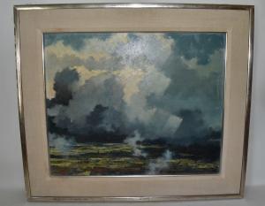 Oil on Masonite signed by Eric Sloane (American, 1905-1985), titled Rainy Day/Sunshine (1950). Eric Sloane was a noted landscape painter, illustrator and author of illustrated books.