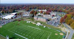 Aerial view of the Avila University campus in the fall