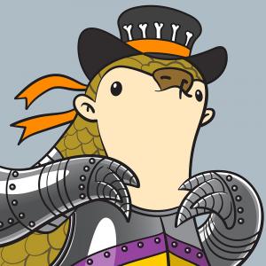 A cartoon pangolin wearing a top hat and knight's armour