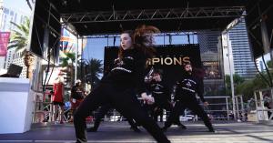Las Vegas Aces' Full-Tilt dance crew member Lily Kate Goehring performs during Las Vegas Strip celebration.