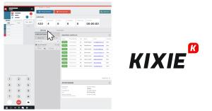 A screenshot of the Kixie PowerDialer in action, with a dialer keypad and calling session window open.