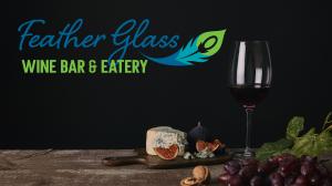 Feather Glass Wine Bar & Eatery logo with a glass of wine and small cheese board.