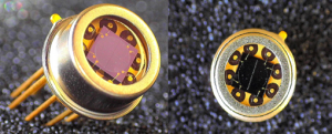 Image of Marktech's InGaAs Quadrant Photodiode with 600 - 1700nm sensitivity range  in  hermetic TO can showing four segments.