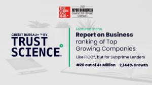 Credit Bureau+ by Trust Science logo. Text reads "Featured in Report on Business ranking of Top Growing Companies. Like FICO but for Subprime. #20 out of 4+ million, 2,144% growth"
