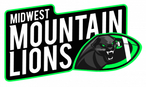 Midwest Mountain Lions logo of a mountain lion head and the team name in black and neon green