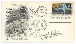 First day postal cover from September 9, 1969, commemorating the Apollo 11 moon mission in July, boldly signed by Neil Armstrong, Michael Collins and Buzz Aldrin (est. $2,500-$3,000).