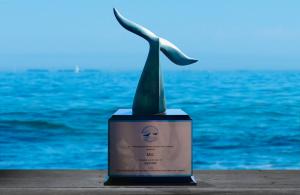 Sculpture of whale tail on award base with ocean behind