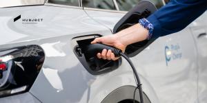 A person plugs in their electric vehicle to charge. Their hand and the charger are in the focus of the image. To the upper right, the Hubject Logo is shown.