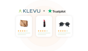 Klevu logo and Trustpilot logo, with an image of three products below with their respective star ratings.