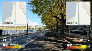 A road with overlayed GPS data from two GoPro models