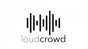 LoudCrowd logo in black and white with the company name LoudCrowd and several sizes of vertical lines.