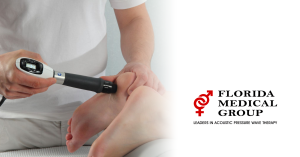 storz epat shockwave therapy applicator against the heel of a foot adjacent to the Florida Medical Group logo
