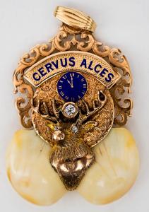 Antique B.P.O.E. double elks’ tooth ‘Cervus Alces’ pendant/charm for Lodge 17 with two diamonds (tested) and 14kt gold (also tested), weighing 24.6 grams (est. $500-$700).