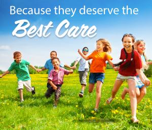 Image of children laughing and running in field of flowers with title "Because they deserve the best care" and the Best Children's Hospital Seal