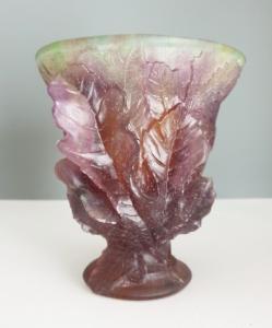 Daum (France) purple and green pate de verre fig leaves with lizards art glass vase, signed, 6 inches tall, the diameter at the top 5 ½ inches (est. $1,000-$5,000).