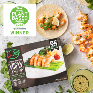 Photo of retail packaging of BeLeaf Konjac Shrimp and the WPBA award logo