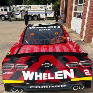 deck lid of No. 2 Whelen Camaro with names of fallen firefighters