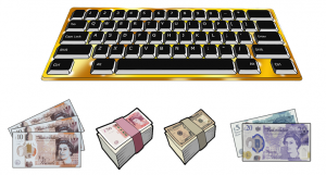 The image is of a golden computer keyboard with black keys with white letterin