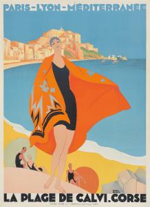 Roger Broders, La Plage de Calvi. Corse. 1928. Est: $12,000-$15,000.