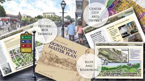 Illustration depicting the three main goals of the Downtown Natchez Master Plan that DNA strives to bring to fruition: a center city arts district, revitalizing the MLK, Jr. Triangle with Hiram Revels Plaza, and revitalizing the Bluff and Riverfront.