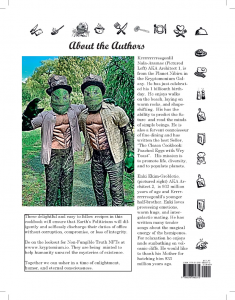 On the back cover of the cookbook we meet the authors, two Alien Lizards Kreego and Enki.