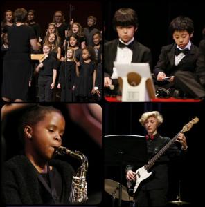 A collage of students performing in the Pittsburgh Public Schools All City Music Showcase in 2019, a highlight of its Arts Education program. Clockwise from upper left, chorus singers, percussionists, electric bass guitarist, saxophone player.
