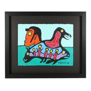 Acrylic on paper by Canadian Woodland artist Norval Morrisseau (1932-2007) titled Ancestral Visitors, signed lower right, 22 inches by 30 inches (sight, less frame) (CA$11,800).