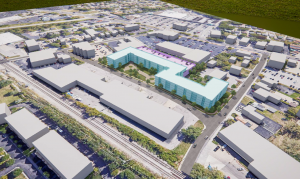 Rendering of industrial park and new residential building.