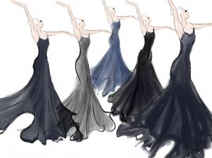 sketch of five figures, dancing, wearing long gowns in each in a different shade within the range of dark blue to black.