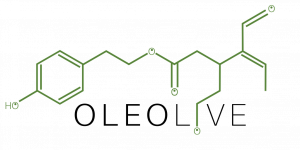Oleolive logo, shows the molecular structure of Oleocanthal and EVOO monophenol with Oleolive in text underneat