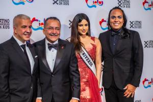 Miss Universe Harnaaz Sandhu, the 2022 Madrina of the Latino Commission on AIDS, pictured here with the leadership of the organization (L-R) Board Chair Jesus Aguais, President Guillermo Chacon, and Vice President of Programs Leandro Rodriguez.