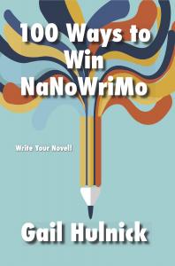 Book cover with title 100 Ways to Win NaNoWriMo, illustration of a pencil exploding into  multi-colored lines on a turquoise background