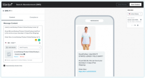 A screenshot from the Klaviyo dashboard of an SMS being prepared for an abandoned search ecommerce flow using automated data from Klevu