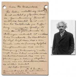 Albert Einstein one-page autograph letter signed in German, dated April 7, 1926, addressed to colleague Hans Reichenbach, defending his explanation of the Theory of Relativity while criticizing alternatives (est. $20,000-$30,000).