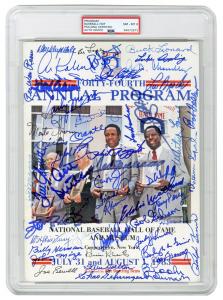 Program guide from the 44th annual Baseball Hall of Fame induction ceremony in Cooperstown, New York in 1983, signed by over 50 present and future Hall of Famers including Mantle, DiMaggio, Aaron, etc. (est. $5,000-$6,000).