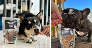 Two pictures of dogs eating jerky treats with Homescape Pets Simply Natural Chews pouches in front of them