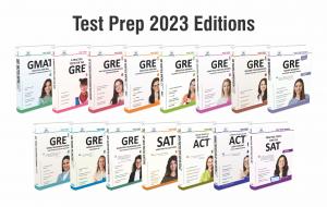 Front covers of 2023 editions of GRE, SAT, ACT, and GMAT books